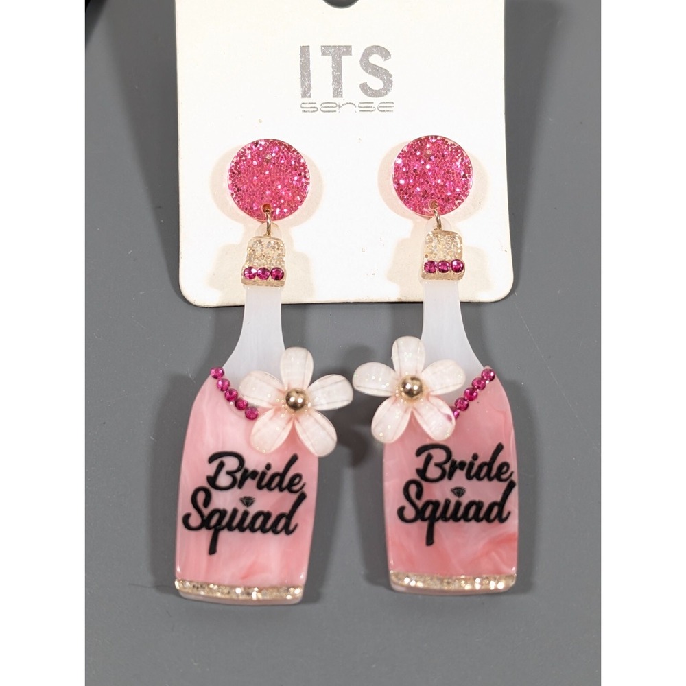 Bride Squad Pink Champagne Bottle Flower Dangle Earrings Wedding‎